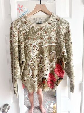 Vintage Viti Beaded Leopard Floral Angora Lambswool Art to Wear Sweater